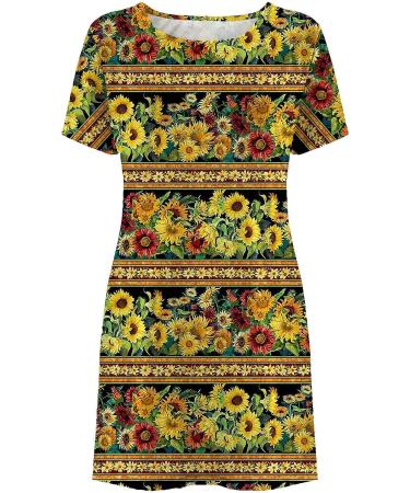 2022 Women's Casual Crewneck Tshirt Dress - Yellow Large, Tropical Print Boho Beach Sundress - Buy Online on SooperMarket.com