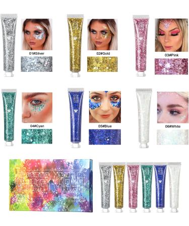 6 Colors Glitter Gel Set for Eyes, Hair, Nails - Sparkling Mermaid Holographic Sequins - Festival & Halloween Makeup Kit - Buy Online on SooperMarket.com