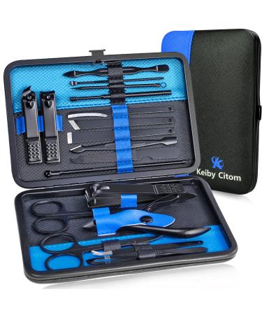 Manicure Set Nail Set Nail Clipper Kit Professional - Stainless Steel Pedicure Set Nail Grooming Kit of 18pcs with Case for Travel (Black/Blue)