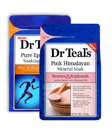 Dr. Teal's Pure Epsom Salt Soaking Solution Gift Set (2 Pack 3lbs ea.) - Restore & Replenish with Pink Himalayan Salt Pre & Post Workout with Menthol - Essential Oils Calm Senses & Relieve Stress
