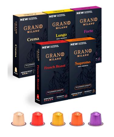 Grano Milano Variety Pack - 50 Aluminium Coffee Pods Compatible with Nespresso Original line - Medium & Dark Roast Coffee Capsules Made in Italy Variety Pack 10 count (Pack of 5)