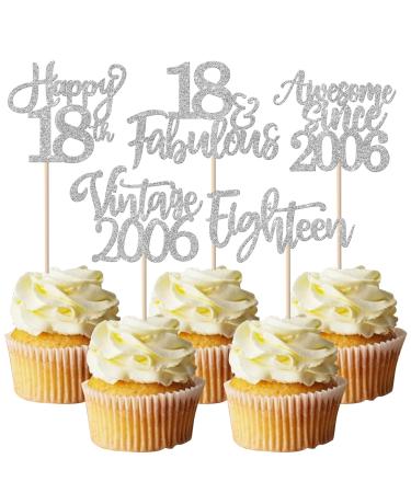 30 Pack Vintage 2006 Cupcake Toppers Glitter Happy 18th Eighteen Awesome Since 2006 Cupcake Picks 18 Fabulous Cake Decorations for 18th Birthday Wedding Anniversary Party Supplies Silver 18th Silver