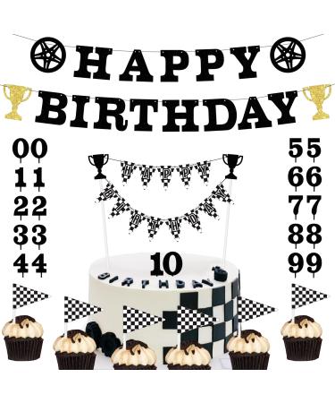 Black and White Checkered Flag Birthday Cake Topper Banner for Racing Theme and Race Theme Cake Topper Banner Set (With Banner Background)