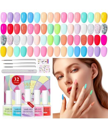 SAVILAND 42PCS Gel Nail Polish Kit-32 Colors 7.5ML Gel Nail Polish Set with 10ML Bases and Glossy & Matte Top Gel Coat Soak Off Yellow Pink Blue Glitter Gel Professional Manicure Kit Nail DIY Gift A-42PCS Summer Gel Nail...