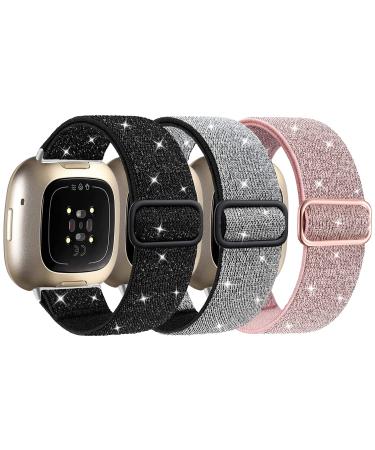3-Pack Elastic Nylon Bands Compatible with Fitbit Versa 3/Fitbit Sense, Soft Adjustable Breathable Sport Replacement Wristbands Straps for Women Men Elastic Nylon: Shiny Black/ Silver/ Pink