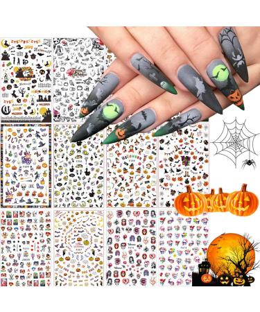 Kalolary 12 Sheets Halloween Nail Art Stickers Decals DIY Self-Adhesive Nail Sticker Decals Nail Art Tips Stencil Nail Decorations for Halloween Party Include Pumpkin/Bat/Ghost/Witch etc