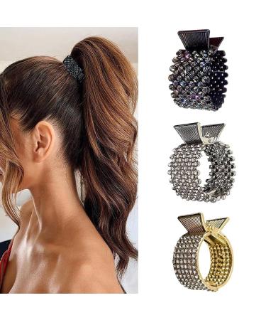 Women Small Hair Clips Barrettes Grips 3 PC Hair Claw for High Ponytail Diamante Sparkly Hair Accessories Crystal Hairpins Wedding Guest Everyday Wear Prom Party Ponytail Holder Women Girl Gift
