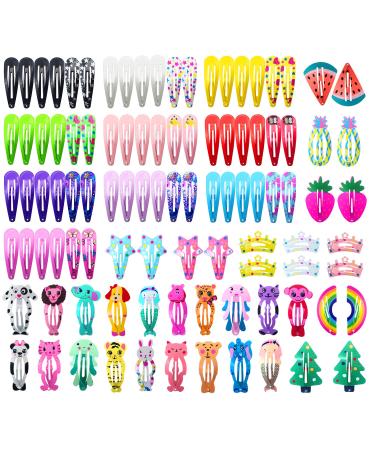 Hair Clips for Girls, Funtopia 100 Pcs No Slip Metal Snap Hair Clips Barrettes for Kids Teens Women, Cute Candy Color Cartoon Design Hair Pins (Animals Fruits Crowns Stars)