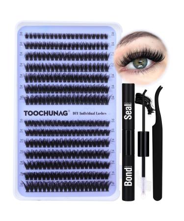 DIY Lash Extension Kit Fluffy Eyelash Extension Kit 60D+80D Thick Cluster Lashes with Lash Bond and Seal Lash Glue Wispy Individual Eyelashes Cluster Kit with Lash Tweezers by TOOCHUNAG G-60D+80D+BOND&SEAL+TWEEZER