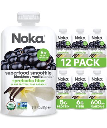 Noka Superfood Fruit Smoothie Pouches, Healthy Snacks (Blackberry Vanilla) Pack of 12, Vegan, Gluten-Free, with Flax Seed, Prebiotic Fiber & Plant Protein, Organic Squeeze Pouch 4.22oz Each 4.22 Ounce (Pack of 12)