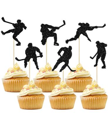 Gyufise 24Pcs Hockey Cupcake Toppers Black Glitter Hockey Players Cupcake Picks Ice Hockey Sports Theme Baby Shower Boys Girls Birthday Party Cake Decorations Supplies Black-1