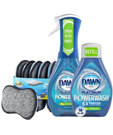 Dawn Powerwash Spray Platinum Dish Soap - Apple Scent + 1 Dawn Powerwash Refill 16 fl oz each With 6 Multi-Purpose Scrub Sponges for Cleaning Dishes Pots and Pans