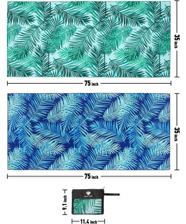 2 Pack Oversized Microfiber Beach Towel Set - Sand-Free, Quick Drying, Super Absorbent - Blue/Green Leaves Print - Ideal for Beach, Pool, Camping - Soft, Lightweight, and Breathable - Buy Online on SooperMarket.com