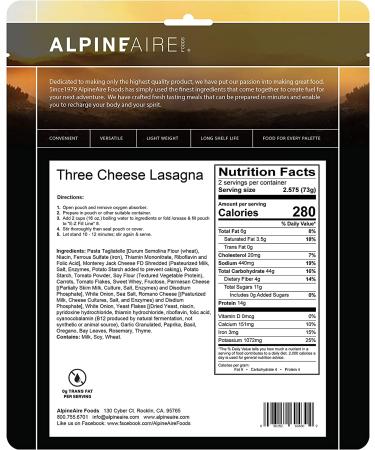 AlpineAire Three Cheese Lasagna - Gourmet Camping Meal - One Size - Buy Online on SooperMarket.com