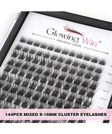 Glowing Win DIY Cluster Lashes Set - 144PCs Individual Eyelash Extensions with Bond Sea & Tweezers | 8-16mm Natural Fake Lashes - Buy Online on SooperMarket.com
