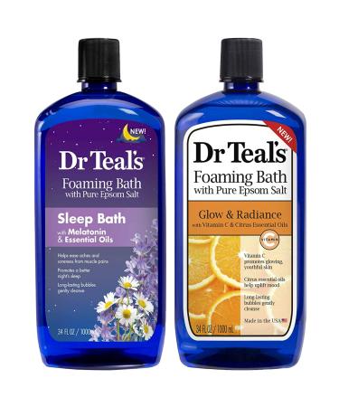Dr Teal's Foaming Bath Combo Pack (68 fl oz Total), Melatonin Sleep Soak, and Glow & Radiance with Vitamin C and Citrus Essential Oils
