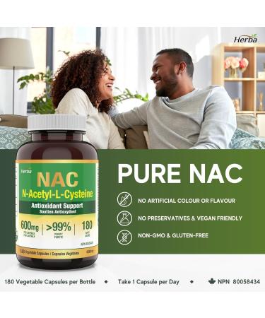 Herba NAC Supplement 600mg 180 Vegetable Capsules | N-Acetyl-L-Cysteine | NAC Supplement 600 mg for Antioxidant | Premium & Pure | Product of Canada | 180 Capsules - Buy Online on SooperMarket.com