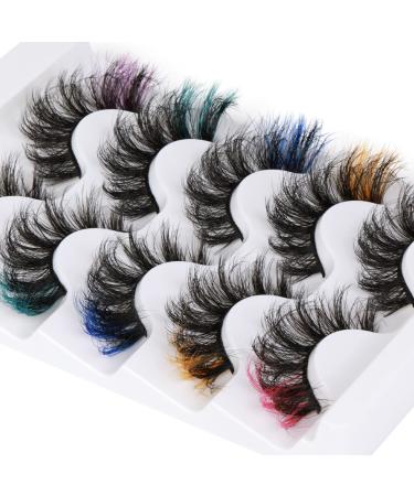Focipeysa Colored Lashes Fluffy Mink Eyelashes Pink End 8D Dramatic Wispy Lashes C Curl 5 Color Mixed False Eyelashes Eye (Pink Orange Purple Green Blue)