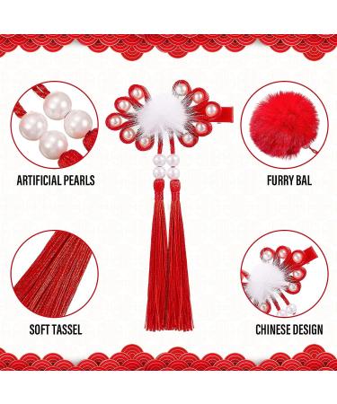 6 Pairs Baby Girls Chinese Style Hair Clips with Hairy Furry Balls and Tassels - Red Lantern Butterfly Decor - Perfect for New Year and Spring Festival - Buy Online on SooperMarket.com