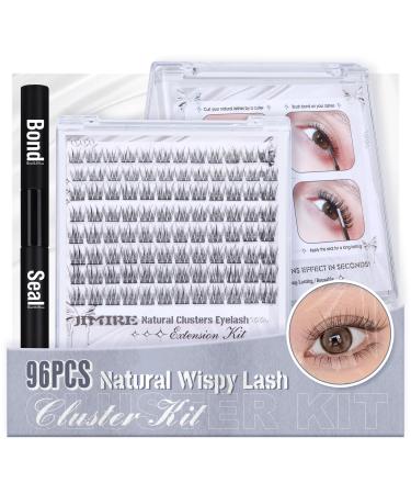 JIMIRE Natural Lash Clusters 3D Wispy Individual Eyelashes Eyelash Extension Kit with Bond and Seal Eyelash Glue DIY Lash Extension Kit 9-12MM CC Curl Fluffy 96Pcs DIY Lash Extension Kit 96Pcs Natural Wispy Kit