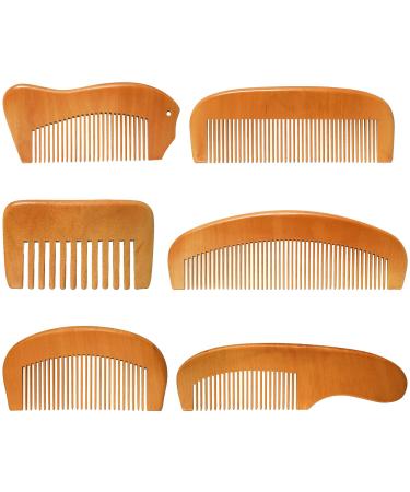 6 Pieces Handmade Wooden Comb Wood Hair Comb Wooden Beard Comb Natural Green Sandalwood Wide and Fine Teeth Comb Set with Anti Static and No Snag Handmade Brush for Kids, Women and Men (Cute Style)