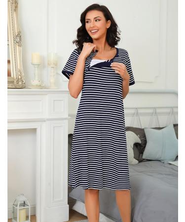 Sykooria Maternity Nursing Nightdress - Short Sleeve V Neck Nightgown for Pregnant Women - Stripe Dark Blue M - Buy Online on SooperMarket.com