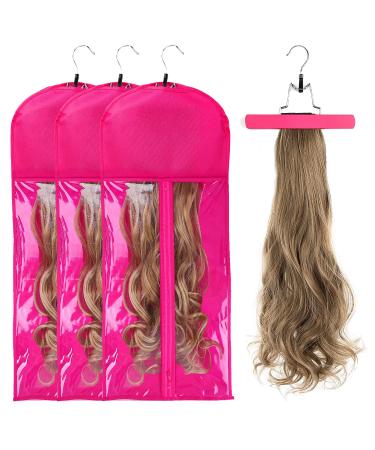 3PCS Extra Long Wig Storage Bag with Wooden Hanger Hair Extension Storage Bag with Hanger Portable Dust-proof Portable Suit with Transparent Zip Up for Hairpiece (Rose) 3 PCS Extra Long Rose
