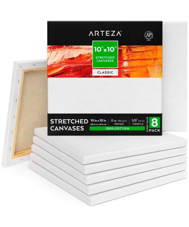 Arteza Stretched Canvas Pack of 8 10 x 10 Inches Square Blank Canvases 100% Cotton 8 oz Gesso-Primed Art Supplies for Acrylic Pouring and Oil Painting White - Classic 10x10