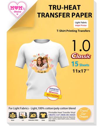 TransOurDream Tru-Iron on Heat Transfer Paper for Light Fabric (15 Sheets  11x17) Iron-on Transfers Paper for Light T-Shirts Printable Heat Transfer Vinyl for Inkjet Printer (TOD-3)