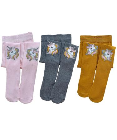 Silkglory Tights for Girls 3PCS Baby Toddler Tights With Cute Glitter Print Pattern Decoration Leggings Seamless Stockings Cotton Pantyhose for Newborn Infant 2-12 Years 7-9 Years Grey/Pink/Ginger