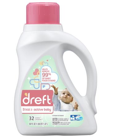 Dreft Stage 2: Active Baby Liquid Detergent natural for Baby, Newborn, or Infant (HEC) 50oz, 32 loads (Packaging May Vary)
