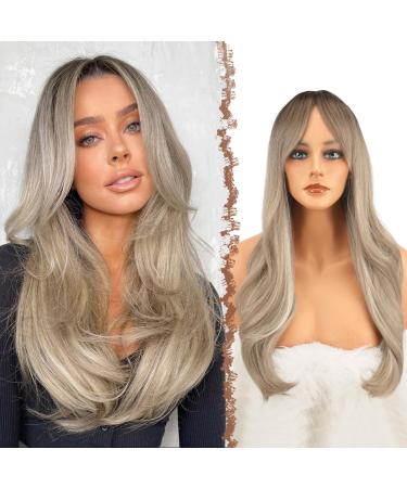 Fine long wig with pony ombre ash blonde long straight wig natural synthetic wig with pony for women women daily party cosplay 65 cm ombre ashblond-65 cm