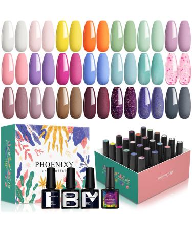 Phoenixy Gel Nail Polish-24Pcs Soak Off UV LED Gel Nail Polish Halloween Polish Gel Gift Set with Glossy Matte Base Top Coat Popular White Yellow Orang Nail Art Salon Design 24pcs-Green Citrus