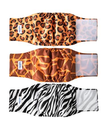 Micoooyo washable abdominal bandage for male |Reusable dog diapers |Suction -able dog wrap with adjustable closure-small (3-pack wild Africa) Giraffe & Zebra & Leopard Klein 22.8-33cm (waist)