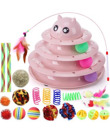 Suhaco 21 Pack Cat Toys for Indoor Cats Interactive Kitten Toy Fun Roller 3 Level Cat Ball Toys with Catnip Ball Self Play Cat Feather Wand Kitty Toy for Boredom (Pink) 21 Pack Pink