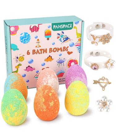 Bath Bombs for Kids Panspace 6 Pack Dino Egg Kids Bath Bombs with Surprise Inside Bath Bomb Gift Set with 2 Silicone Bracelets and 6 DIY Jewels Shoe Charms for Birthday Christmas