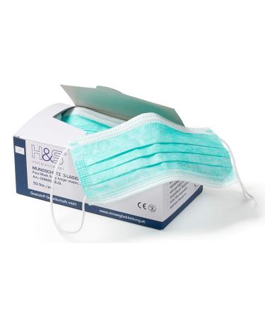 ISC Hygiene & Safety Mundsicht Mask (50 masks with an elastic band in comfort length 3-layer 100% PP with nose bracket glass fiber-free latex-free green white red yellow or blue 3-layer green