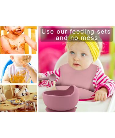 Hoseay Baby Weaning Set - 5 Pcs Silicone Feeding Set with Suction Bowl, Plate, Fork, Spoon, Bib - Baby Led Weaning Supplies for Kids/Toddlers in Pink - Buy Online on SooperMarket.com