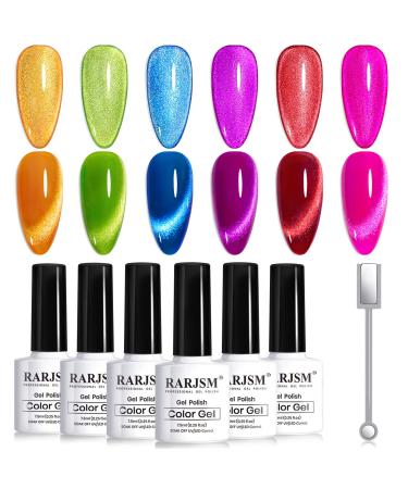 RARJSM 9D Neon Cat Eye Gel Nail Polish Set 6 Colors Velvet Silver Glitter Bright Orange Blue Red Green Rose Purple Ice Gel Polish with Magnet Stick UV LED Curing Requires Soak Off Home Salon Diy Neon Ice Cat Eye Set