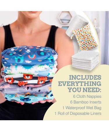 Eco-Friendly Reusable Cloth Nappies Set - 6 Washable Diapers, Bamboo Inserts, Biodegradable Liner, Wet Bag - Chemical-Free Baby Care - Buy Online on SooperMarket.com