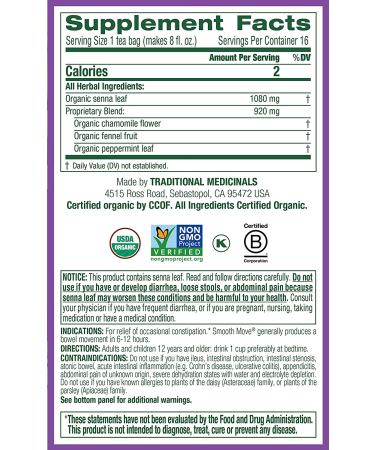 Traditional Medicinals Organic Smooth Move Senna Chamomile Herbal Tea - 16 Tea Bags - Buy Online on SooperMarket.com