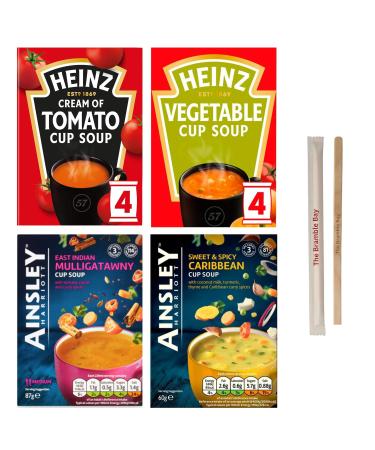 Cup Soup Variety Bundle Cream of Tomato Vegetable East Indian Mulligatawny Caribbean total of 14 packets Wooden Stirrer x10