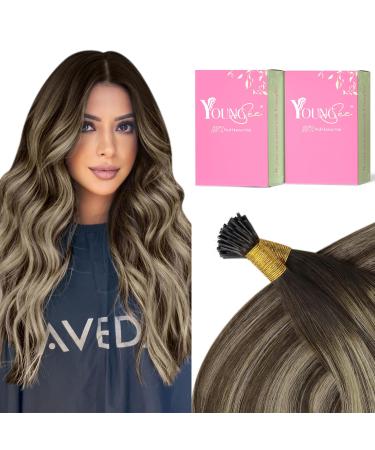 YoungSee Itip Human Hair Extensions Ombre I Tip Hair Extensions Brown Ombre Dark Brown with Ash Blonde I Tips Hair Extensions Ombre Itips Hair Extensions Real Human Hair 20 Inch 50g Cold Fusion 20 Inch Itip-C-#4/18/4