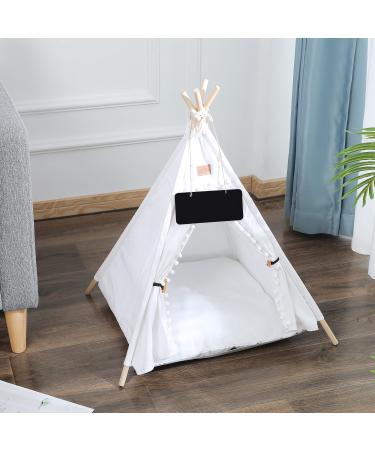 GeerDuo Pet Teepee, Portable Pet Tents for Small Dogs or Cats, Puppy Sweet Bed Washable Dog or Cat Houses with Cushion White,24"