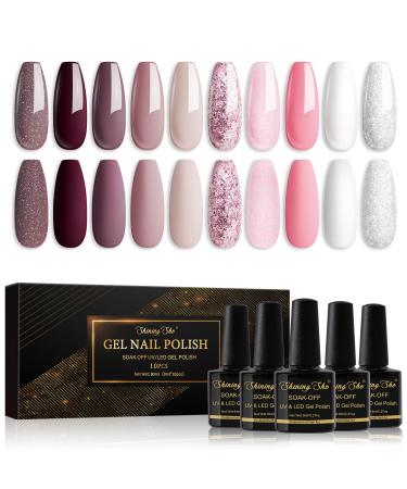 Shining She Gel Nail Polishes Set 10 Colors Nude Pink White Glitter Gel Polish Soak-Off UV/LED Manicure Gift for Women Nail Art Salon DIY Home 8ML