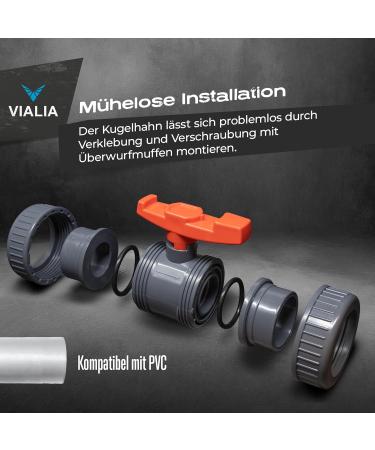 VIALIA 40mm PVC Ball Tap - Double Union Shut-Off Valve for Pool & Pond Construction | Ideal for Aquaristics & PVC Pipe Connections - Buy Online on SooperMarket.com