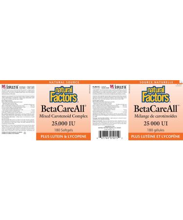 Natural Factors BetaCareAll Complex 25000IU 180 Softgels with Beta Carotene Alpha Carotene Lycopene Lutein Zeaxanthin Helps support vision health healthy skin bones teeth and immune function - Buy Online on SooperMarket.com