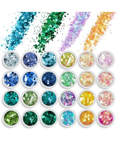 AOOWU Chunky Glitter 24 Colors 3D Nail Glitter Sequins for Nail Art Decoration Festival Nail Glitter Powder Holographic Cosmetic Glitter for Face Body Eye Hair Nail and DIY Art(06&09) 06&09