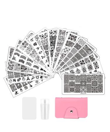 BUDOCI 15Pcs Nail Stamp Plates Set 1 Stamper 1Scraper 1Storage Bag Nail Templates Lace Flower Geometric Animal Pattern Nail Art Plate Scraper Stamper Set Double Head Stamper Kit