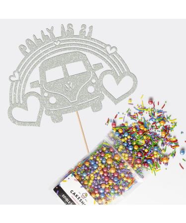 Cakeshop Cake Decoration Pack | Campervan 60s Theme Premium Double Sided Glitter Card Cake Topper & 25g Party Pack of Cake Sugar Sprinkles | Custom Name & Age Cake Decorations (Light Silver) Prime Glitter Card: Light Silver